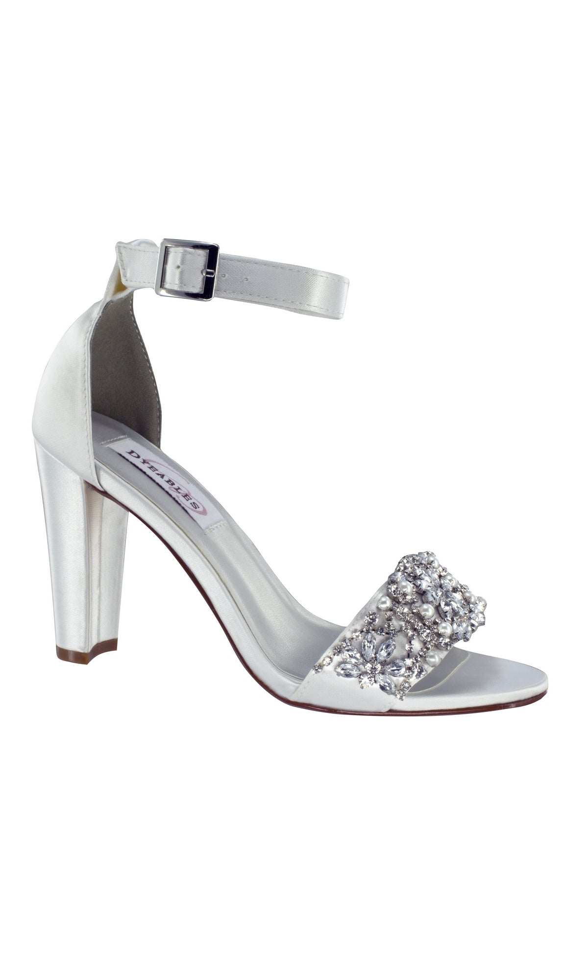 The Felicity Rhinestone White Prom Shoes 4292 feature a high heel, ankle strap, open toe, and sparkling rhinestones on the front strap—perfect for adding glamour to any special occasion.